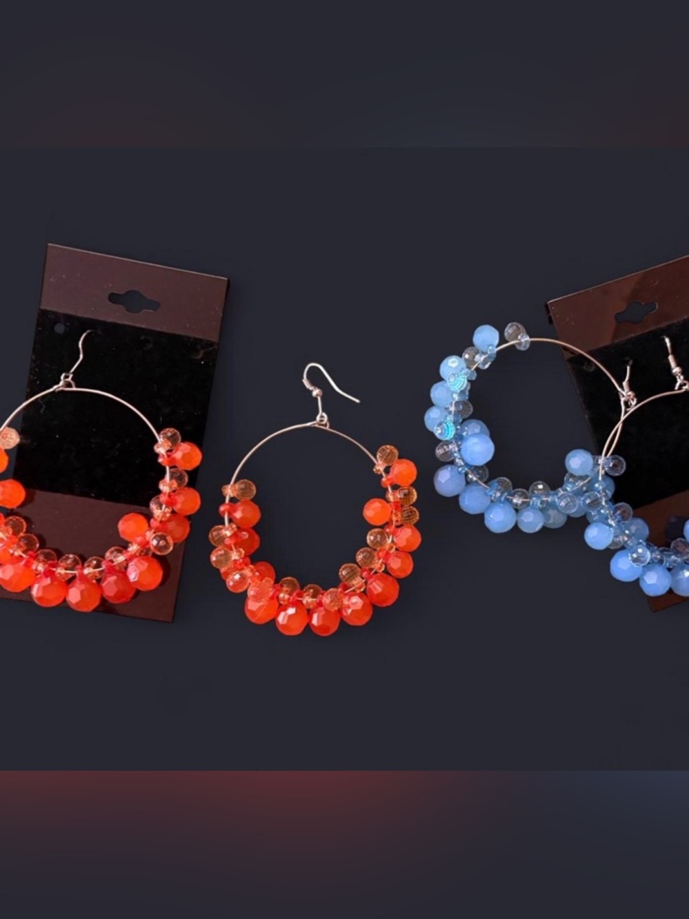 Bundle of two Beaded Hoop Earrings - light blue &Orange Crystal Accent
